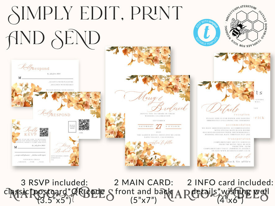 TEMPLETT wedding invitation download Terracotta Fall Flowers wedding Invitations Set Template, Instant Download Printable Invites Home Printing, Simple Wedding Cards