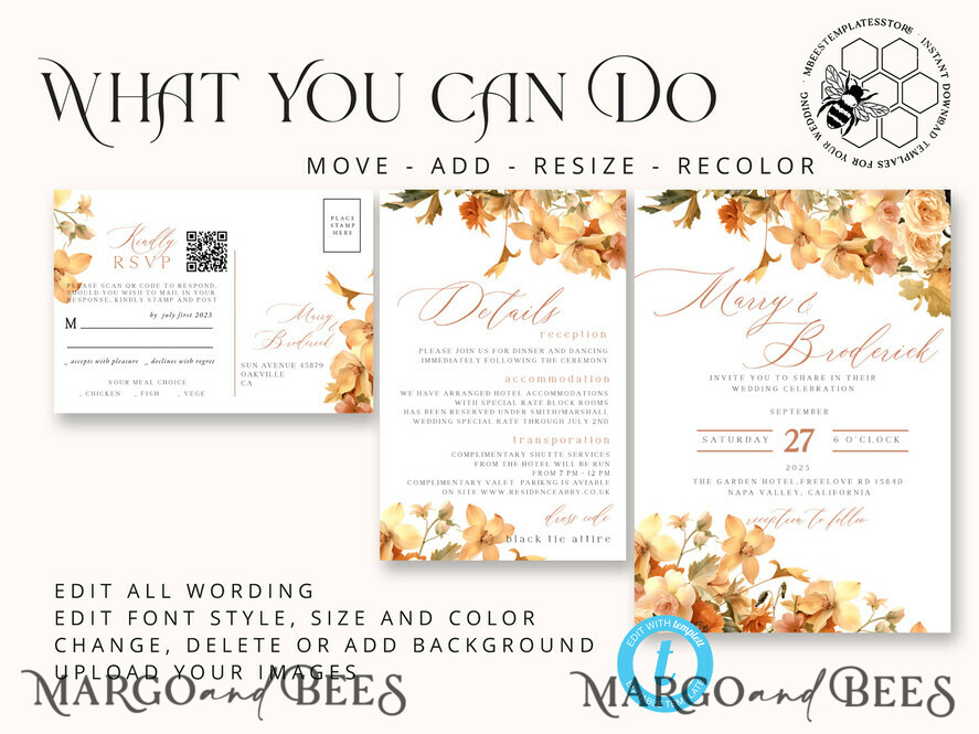 TEMPLETT wedding invitation download Terracotta Fall Flowers wedding Invitations Set Template, Instant Download Printable Invites Home Printing, Simple Wedding Cards