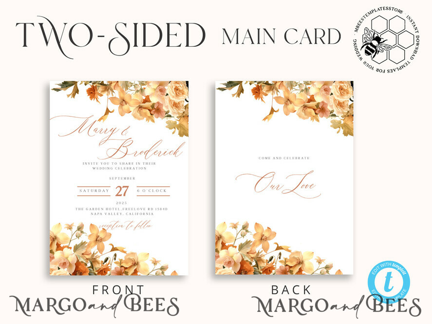 TEMPLETT wedding invitation download Terracotta Fall Flowers wedding Invitations Set Template, Instant Download Printable Invites Home Printing, Simple Wedding Cards