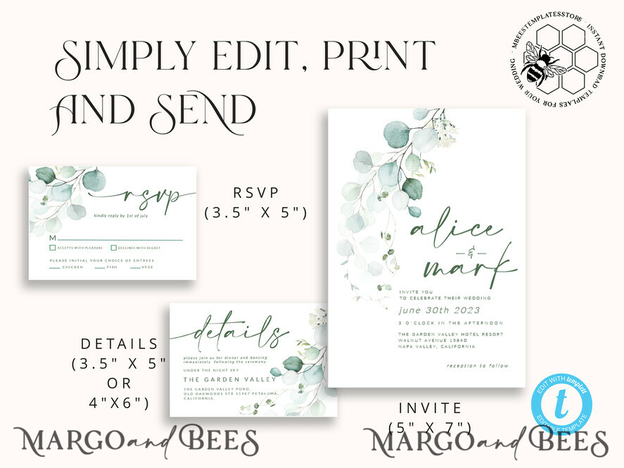TEMPLETT wedding invitation download Sage Green wedding invitation template, Instant download Greenery Wedding Invites, Eucalyptus Garden Wedding Invitations Set Printable
