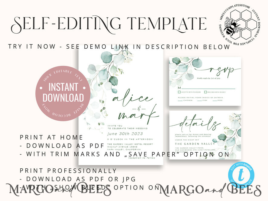 TEMPLETT wedding invitation download Sage Green wedding invitation template, Instant download Greenery Wedding Invites, Eucalyptus Garden Wedding Invitations Set Printable