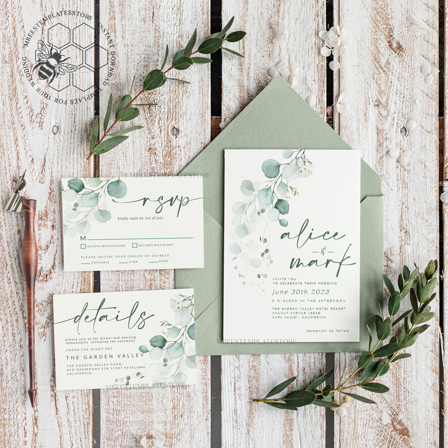 TEMPLETT wedding invitation download Sage Green wedding invitation template, Instant download Greenery Wedding Invites, Eucalyptus Garden Wedding Invitations Set Printable