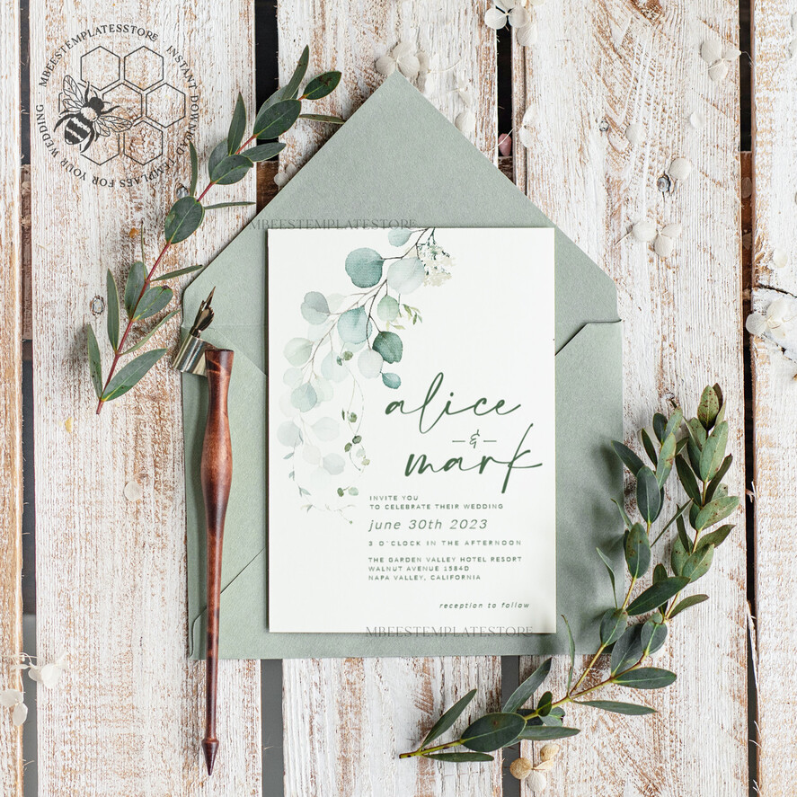 TEMPLETT wedding invitation download Sage Green wedding invitation template, Instant download Greenery Wedding Invites, Eucalyptus Garden Wedding Invitations Set Printable