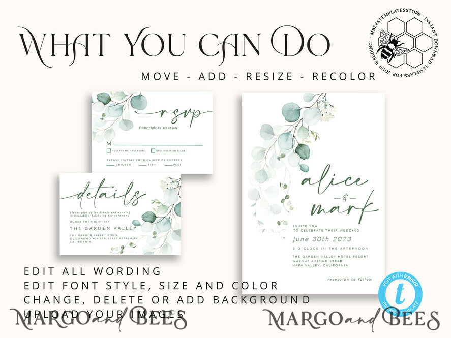 TEMPLETT wedding invitation download Sage Green wedding invitation template, Instant download Greenery Wedding Invites, Eucalyptus Garden Wedding Invitations Set Printable