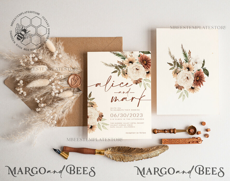 TEMPLETT wedding invitation download Boho Ivory wedding Invitations Evite Set Template, Instant Download Printable Invites Home Printing, Simple Wedding Invitation Cards WBoho10