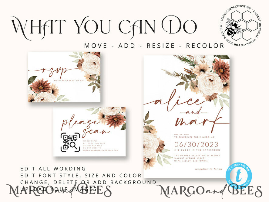 TEMPLETT wedding invitation download Boho Ivory wedding Invitations Evite Set Template, Instant Download Printable Invites Home Printing, Simple Wedding Invitation Cards WBoho10