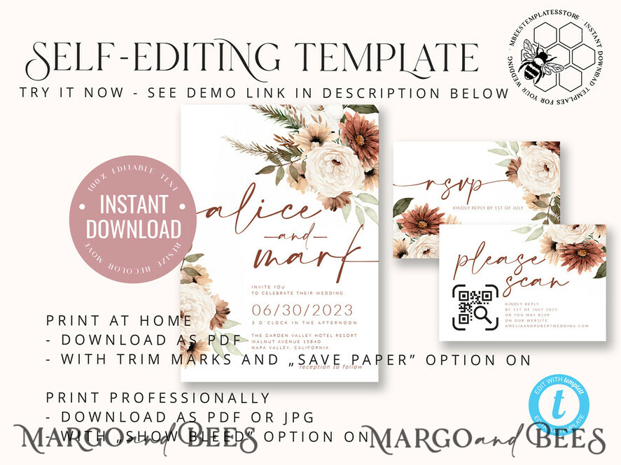 TEMPLETT wedding invitation download Boho Ivory wedding Invitations Evite Set Template, Instant Download Printable Invites Home Printing, Simple Wedding Invitation Cards WBoho10