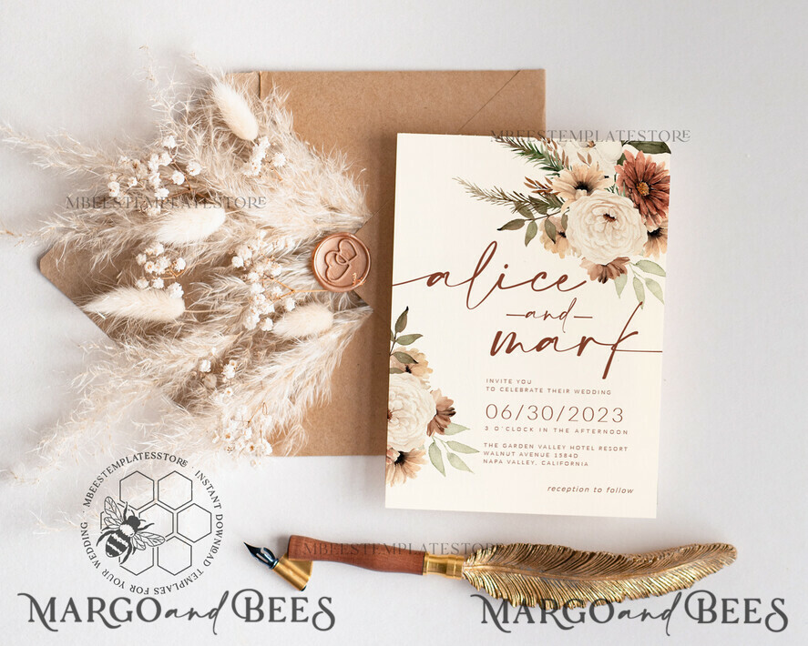 TEMPLETT wedding invitation download Boho Ivory wedding Invitations Evite Set Template, Instant Download Printable Invites Home Printing, Simple Wedding Invitation Cards WBoho10