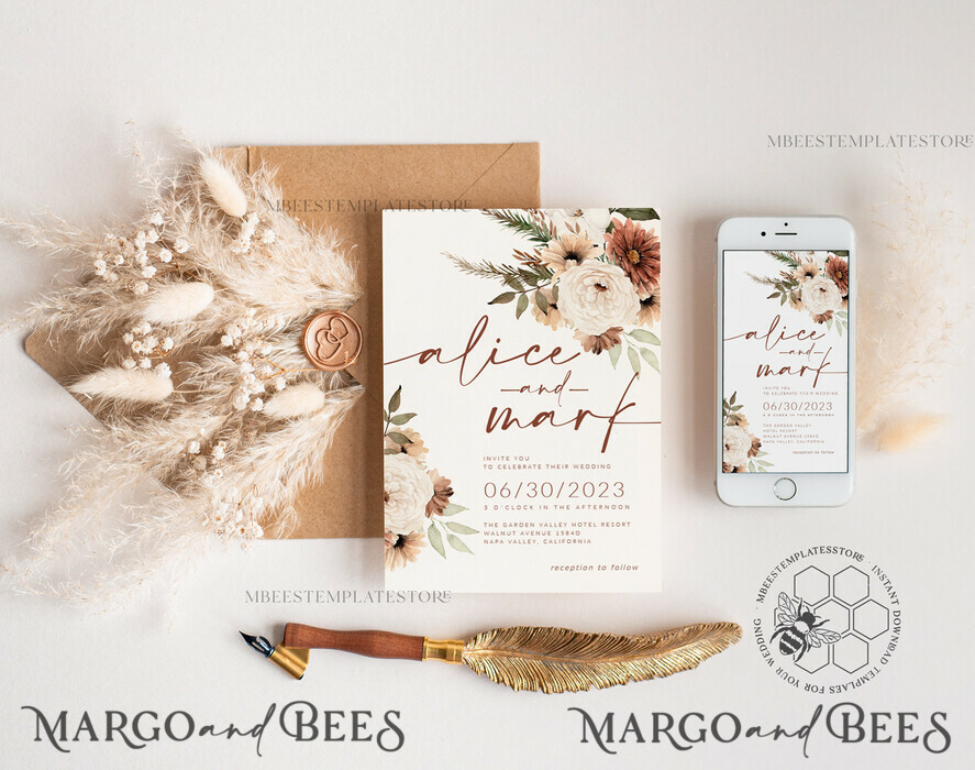 TEMPLETT wedding invitation download Boho Ivory wedding Invitations Evite Set Template, Instant Download Printable Invites Home Printing, Simple Wedding Invitation Cards WBoho10