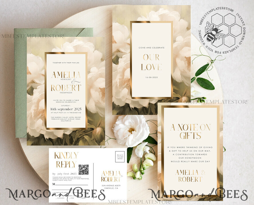 TEMPLETT wedding invitation download Vintage Boho Flower with Gold wedding Invitations Set Template, Instant Download Printable Invites Home Printing, Simple Wedding Cards