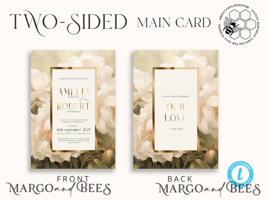 TEMPLETT wedding invitation download Vintage Boho Flower with Gold wedding Invitations Set Template, Instant Download Printable Invites Home Printing, Simple Wedding Cards