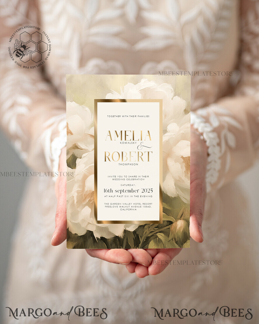 TEMPLETT wedding invitation download Vintage Boho Flower with Gold wedding Invitations Set Template, Instant Download Printable Invites Home Printing, Simple Wedding Cards
