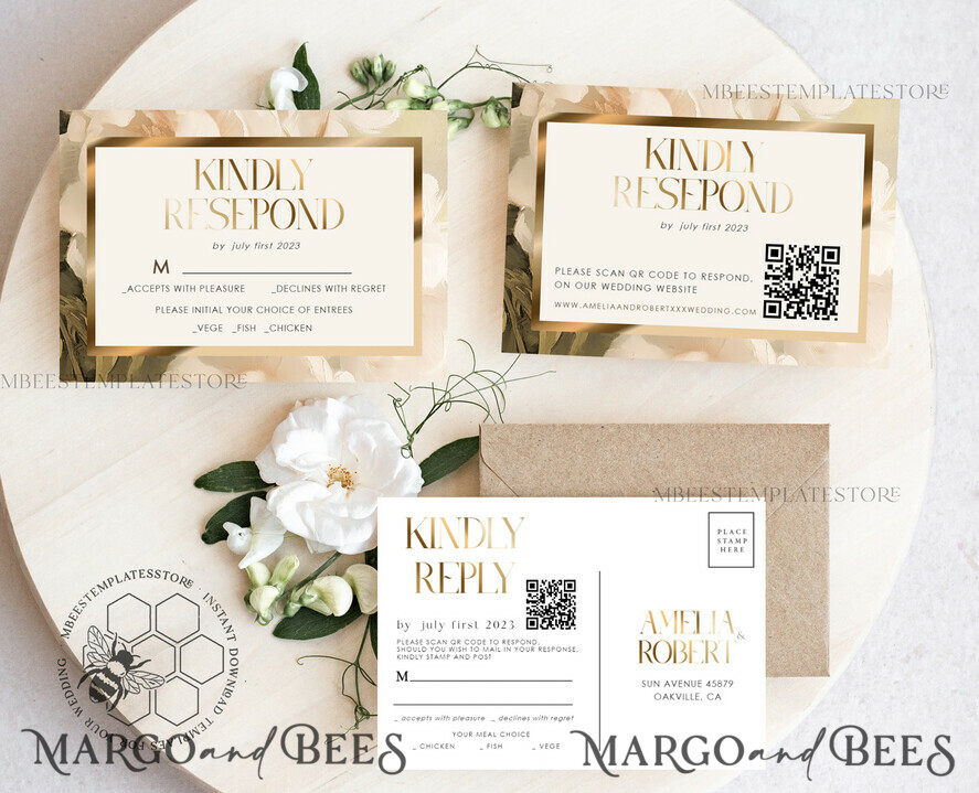 TEMPLETT wedding invitation download Vintage Boho Flower with Gold wedding Invitations Set Template, Instant Download Printable Invites Home Printing, Simple Wedding Cards