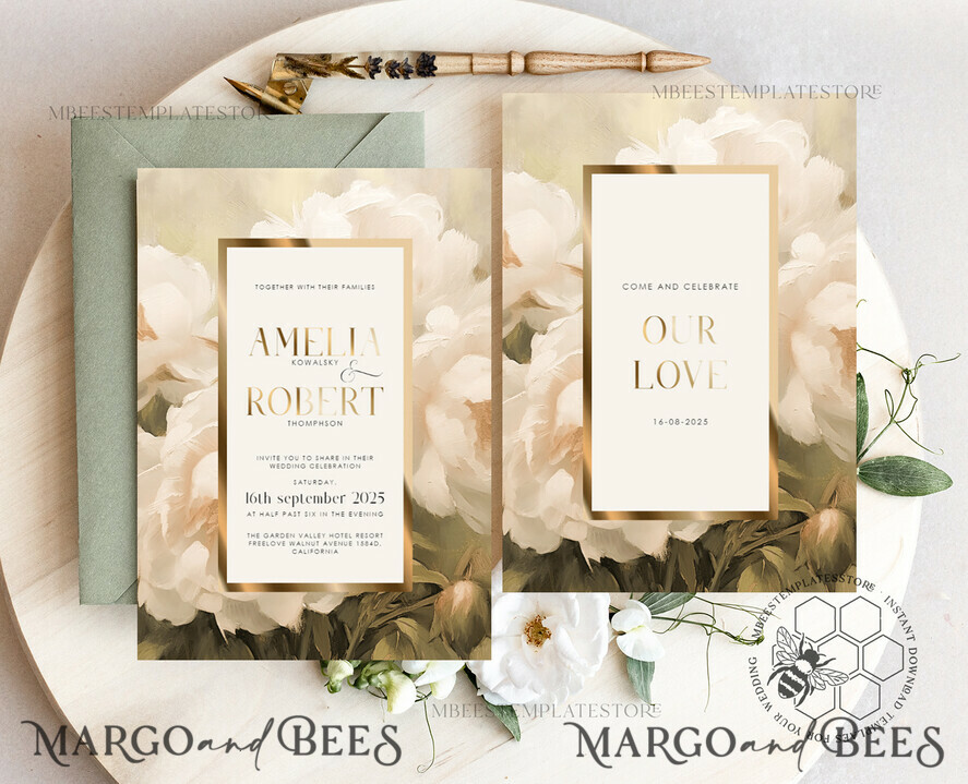 TEMPLETT wedding invitation download Vintage Boho Flower with Gold wedding Invitations Set Template, Instant Download Printable Invites Home Printing, Simple Wedding Cards