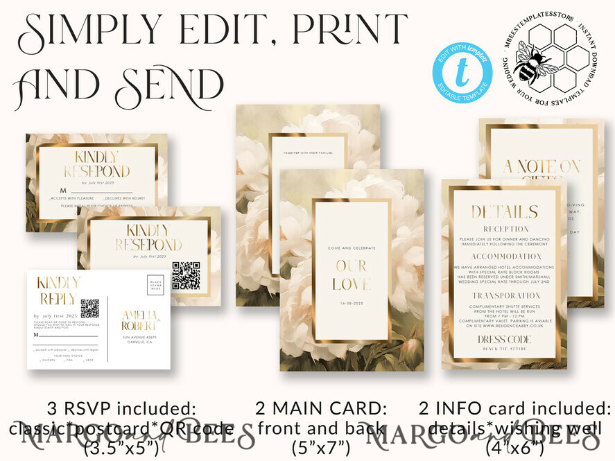 TEMPLETT wedding invitation download Vintage Boho Flower with Gold wedding Invitations Set Template, Instant Download Printable Invites Home Printing, Simple Wedding Cards