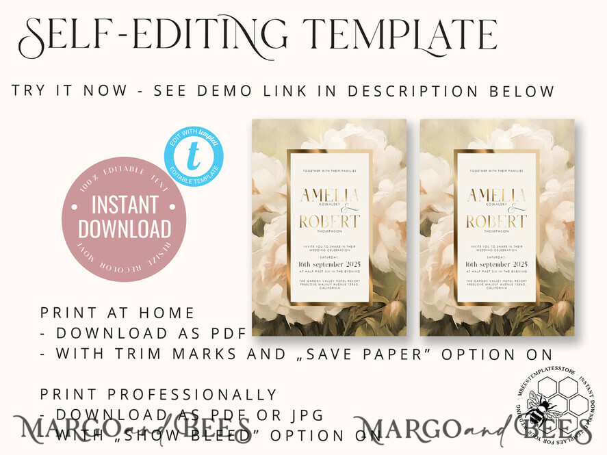 TEMPLETT wedding invitation download Vintage Boho Flower with Gold wedding Invitations Set Template, Instant Download Printable Invites Home Printing, Simple Wedding Cards