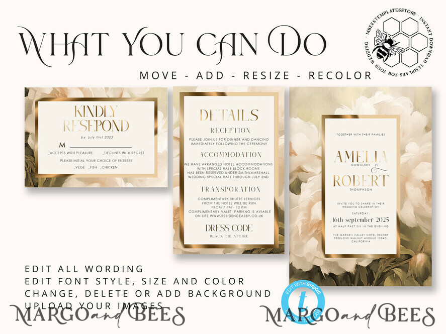 TEMPLETT wedding invitation download Vintage Boho Flower with Gold wedding Invitations Set Template, Instant Download Printable Invites Home Printing, Simple Wedding Cards