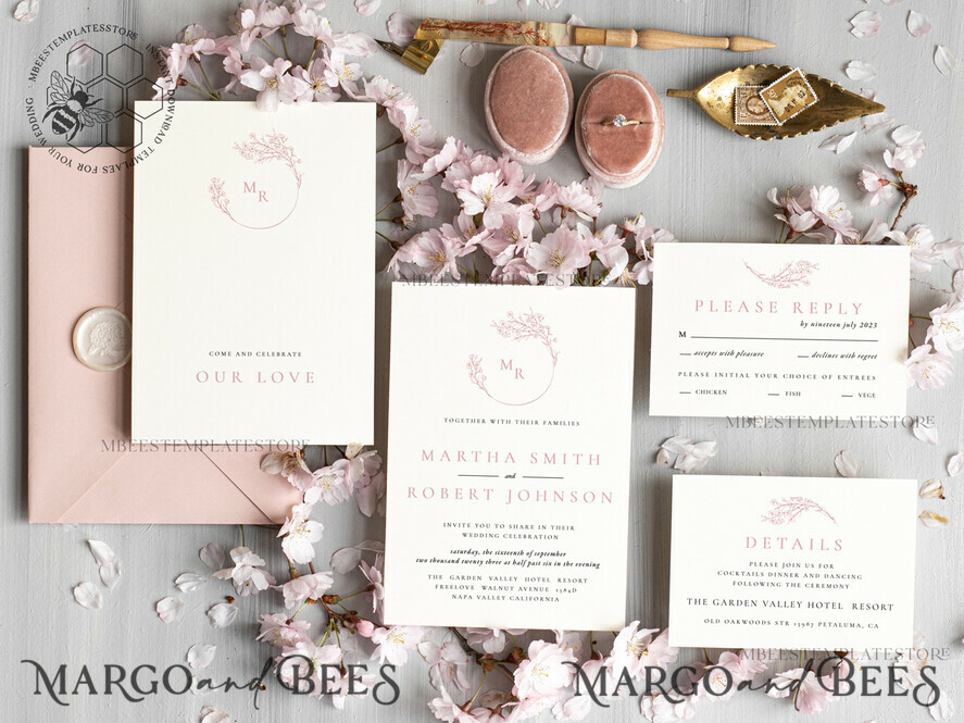 TEMPLETT wedding invitation download Elegant Blush wedding Invitation Template, Instant Download Printable Invites Home Printing, Pink Boho Wedding Invitation Card Set Template