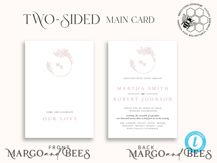 TEMPLETT wedding invitation download Elegant Blush wedding Invitation Template, Instant Download Printable Invites Home Printing, Pink Boho Wedding Invitation Card Set Template