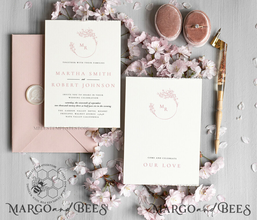 TEMPLETT wedding invitation download Elegant Blush wedding Invitation Template, Instant Download Printable Invites Home Printing, Pink Boho Wedding Invitation Card Set Template