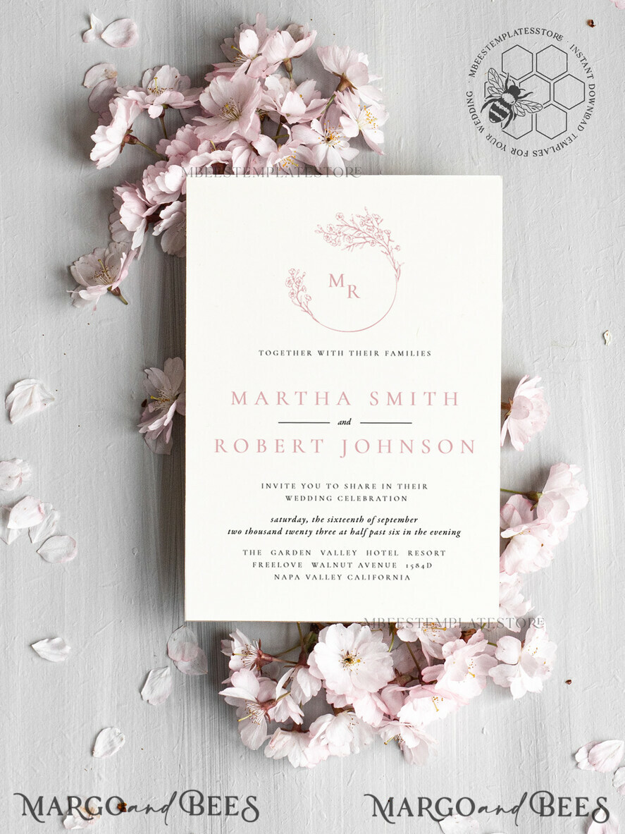 TEMPLETT wedding invitation download Elegant Blush wedding Invitation Template, Instant Download Printable Invites Home Printing, Pink Boho Wedding Invitation Card Set Template