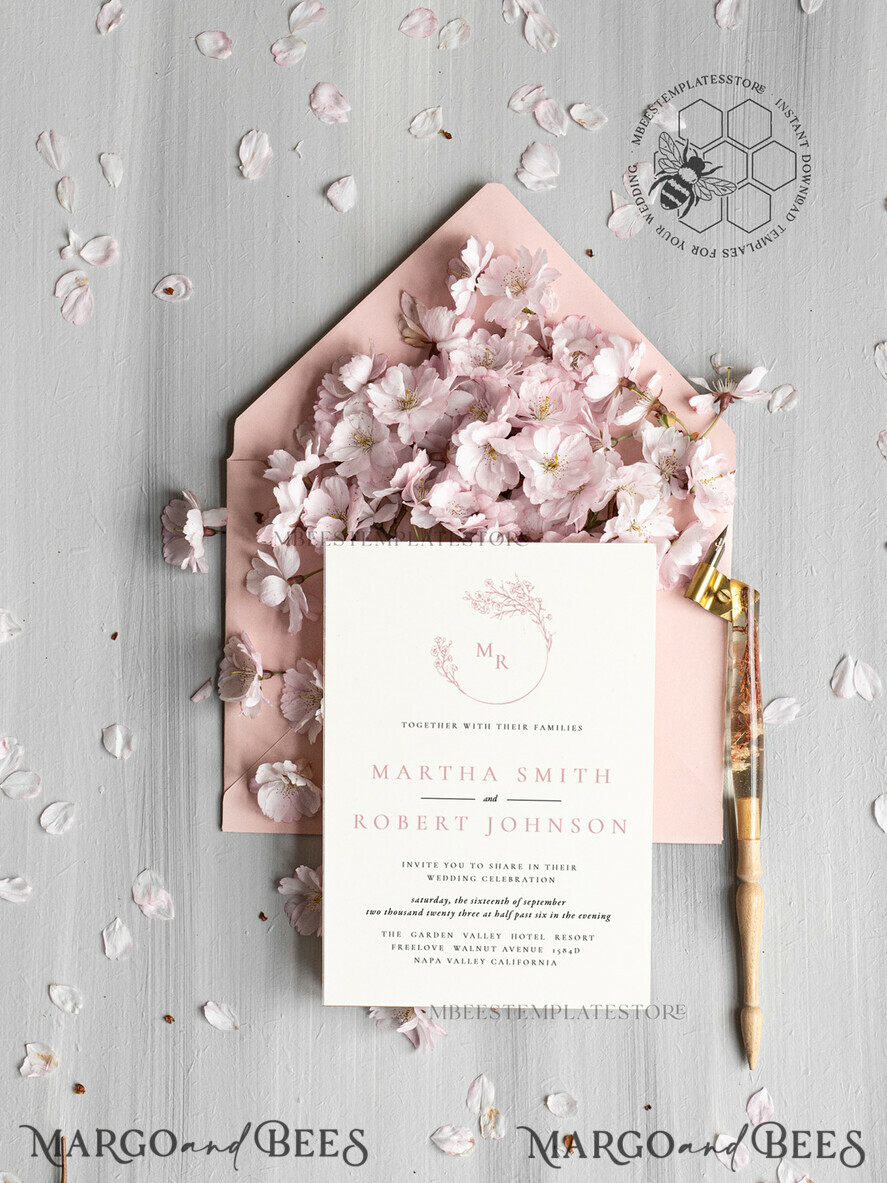 TEMPLETT wedding invitation download Elegant Blush wedding Invitation Template, Instant Download Printable Invites Home Printing, Pink Boho Wedding Invitation Card Set Template