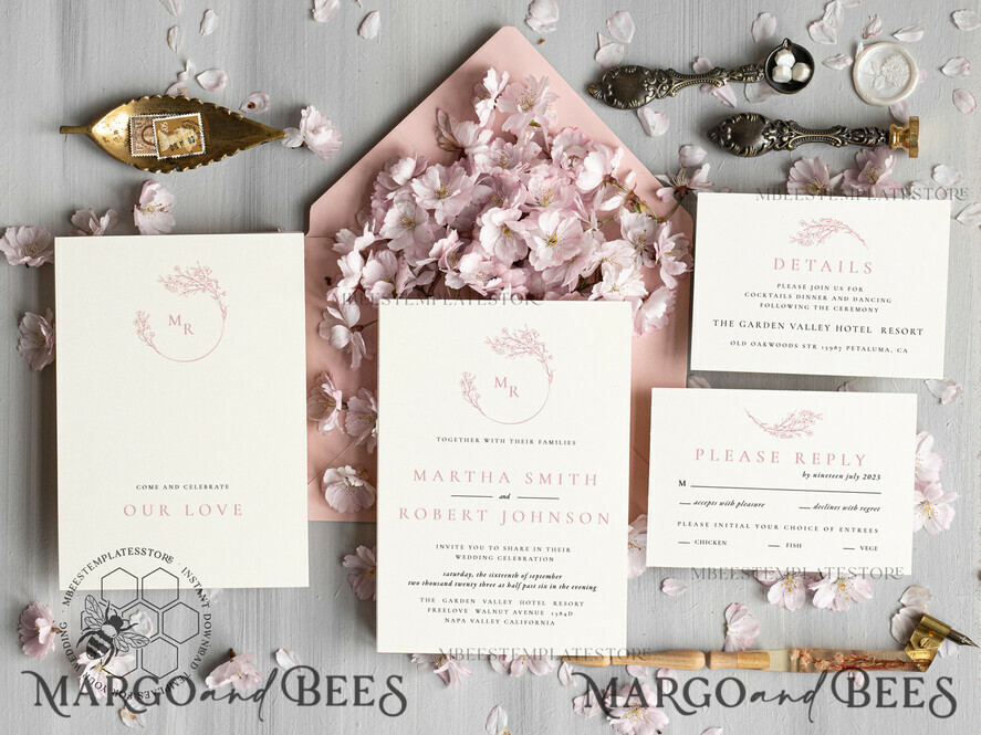 TEMPLETT wedding invitation download Elegant Blush wedding Invitation Template, Instant Download Printable Invites Home Printing, Pink Boho Wedding Invitation Card Set Template