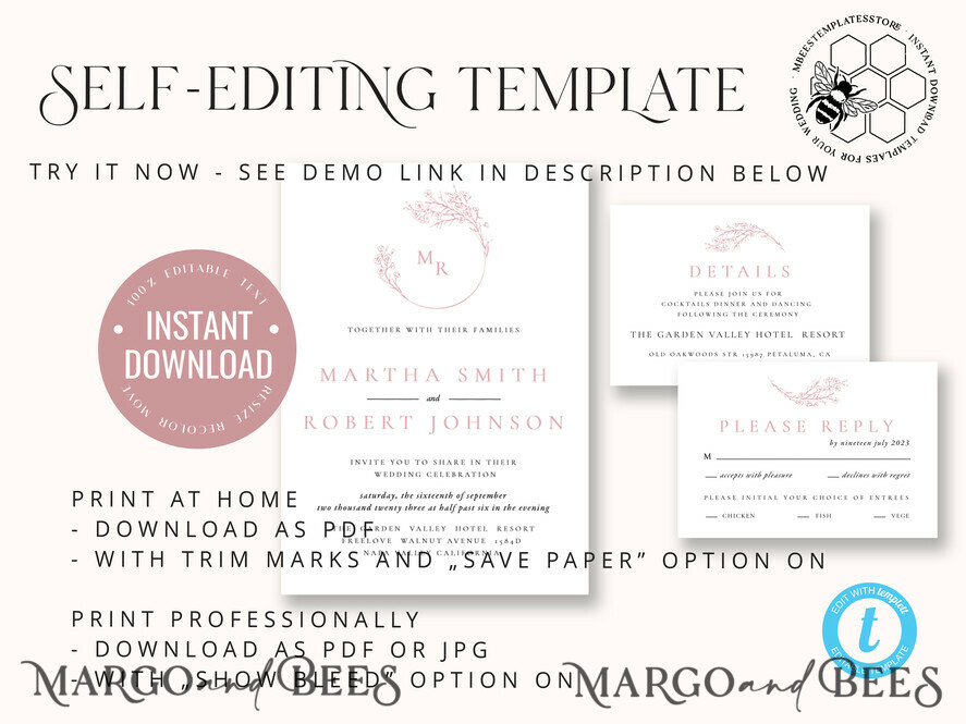 TEMPLETT wedding invitation download Elegant Blush wedding Invitation Template, Instant Download Printable Invites Home Printing, Pink Boho Wedding Invitation Card Set Template