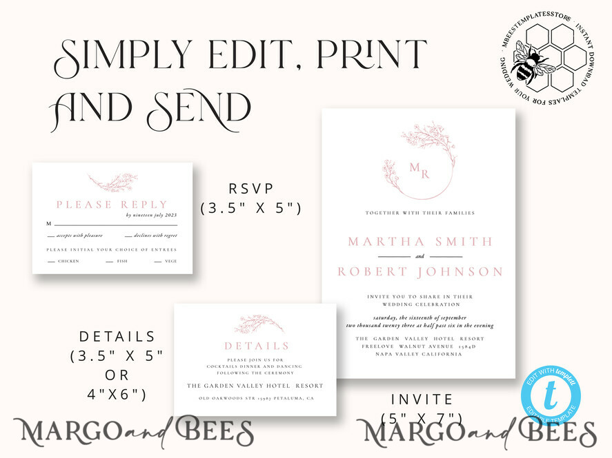 TEMPLETT wedding invitation download Elegant Blush wedding Invitation Template, Instant Download Printable Invites Home Printing, Pink Boho Wedding Invitation Card Set Template
