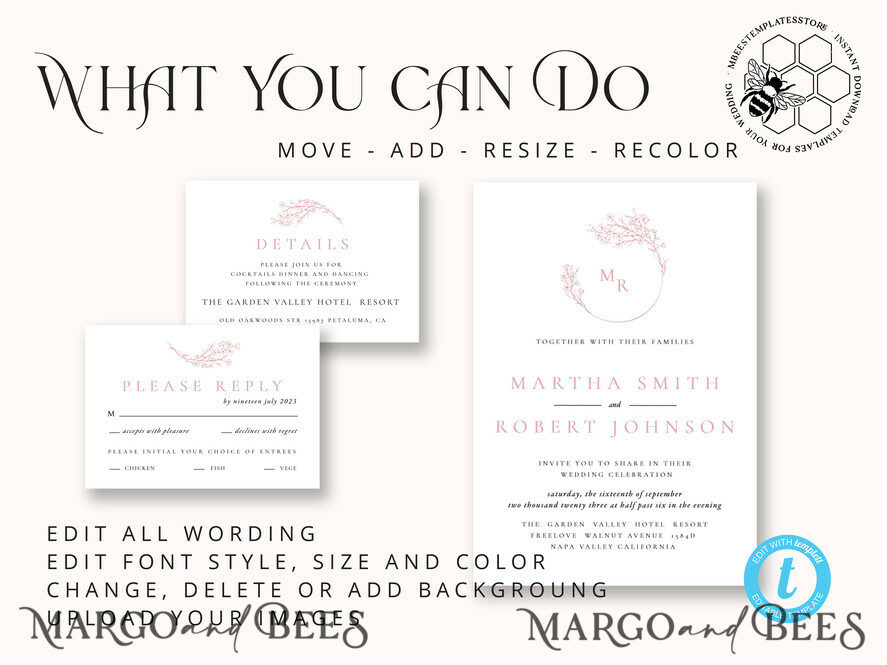 TEMPLETT wedding invitation download Elegant Blush wedding Invitation Template, Instant Download Printable Invites Home Printing, Pink Boho Wedding Invitation Card Set Template