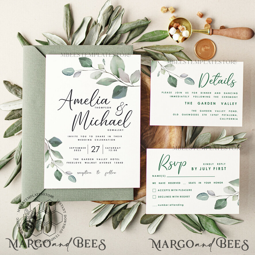 TEMPLETT wedding invitation download Sage Green wedding invitation template, Instant download Greenery Wedding Invites, Eucalyptus Garden Wedding Invitation Printable