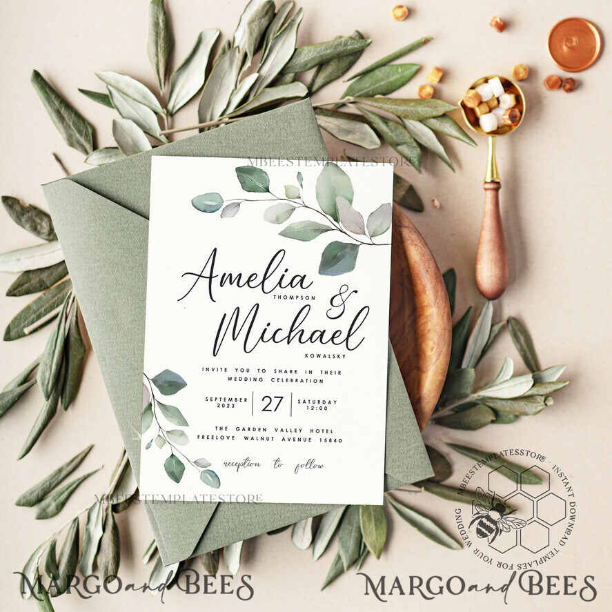 TEMPLETT wedding invitation download Sage Green wedding invitation template, Instant download Greenery Wedding Invites, Eucalyptus Garden Wedding Invitation Printable