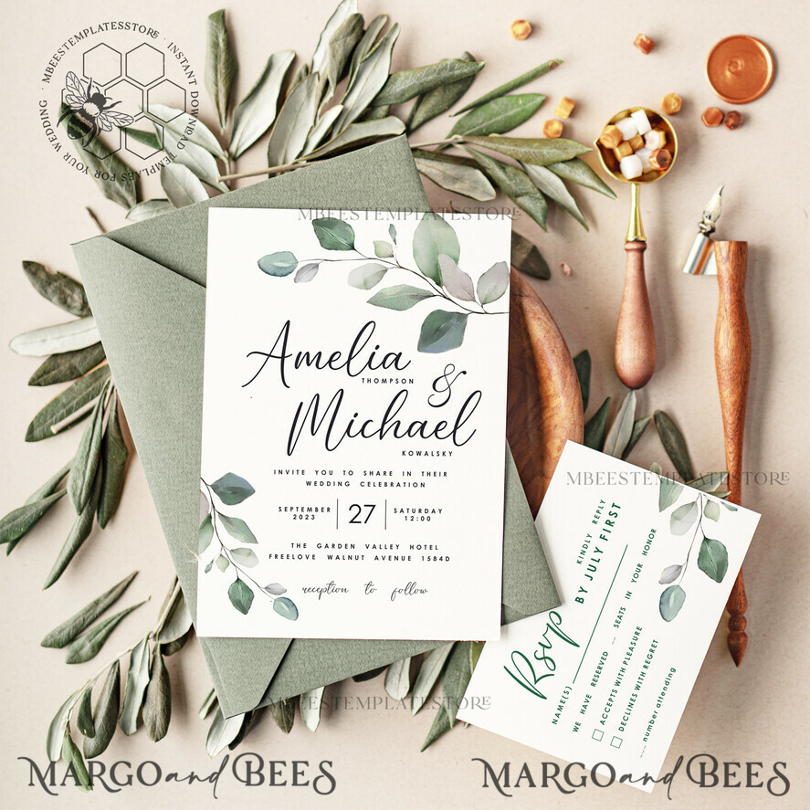 TEMPLETT wedding invitation download Sage Green wedding invitation template, Instant download Greenery Wedding Invites, Eucalyptus Garden Wedding Invitation Printable