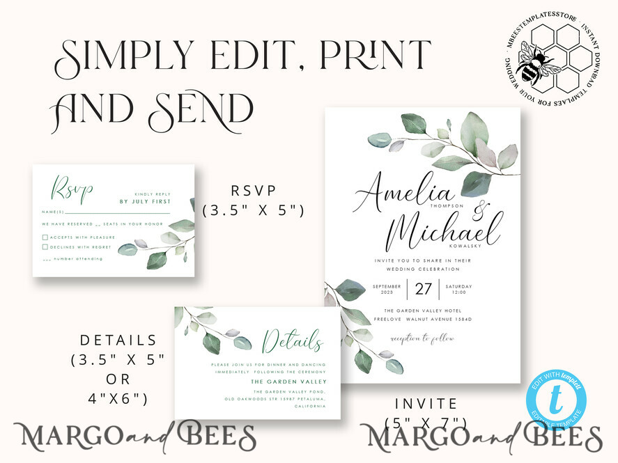 TEMPLETT wedding invitation download Sage Green wedding invitation template, Instant download Greenery Wedding Invites, Eucalyptus Garden Wedding Invitation Printable