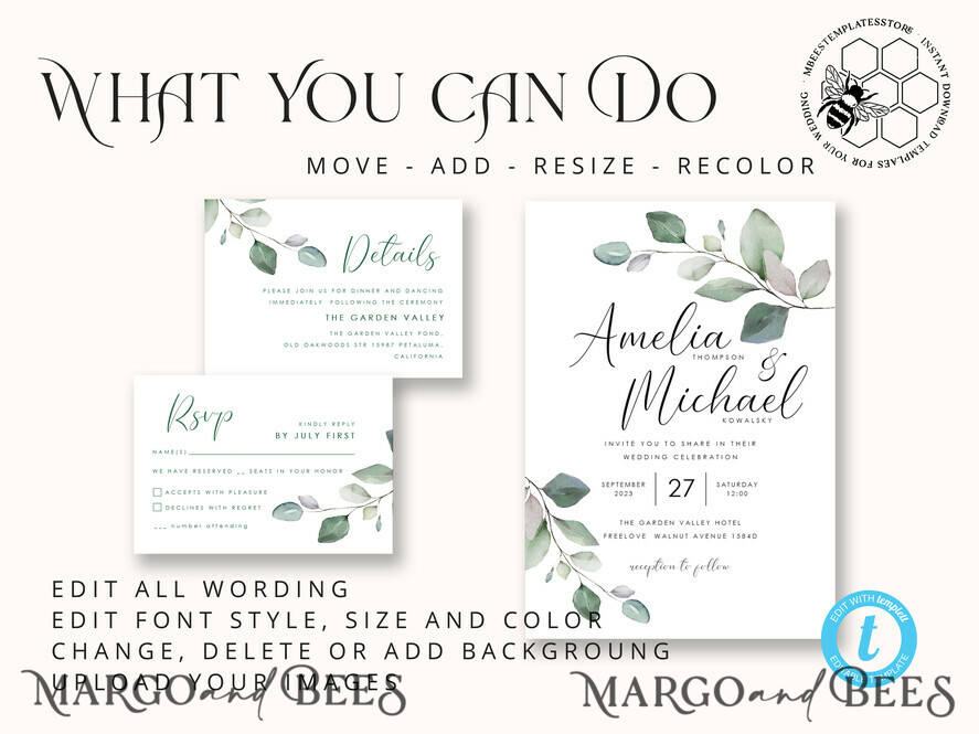 TEMPLETT wedding invitation download Sage Green wedding invitation template, Instant download Greenery Wedding Invites, Eucalyptus Garden Wedding Invitation Printable