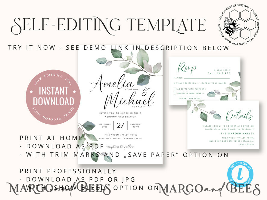 TEMPLETT wedding invitation download Sage Green wedding invitation template, Instant download Greenery Wedding Invites, Eucalyptus Garden Wedding Invitation Printable