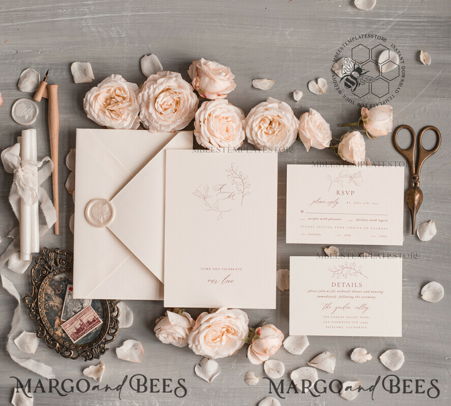 TEMPLETT wedding invitation download Elegant wedding Invitation Template, Simple Instant Download Printable Invites Home Printing, Boho Modern Wedding Invitation Card Set