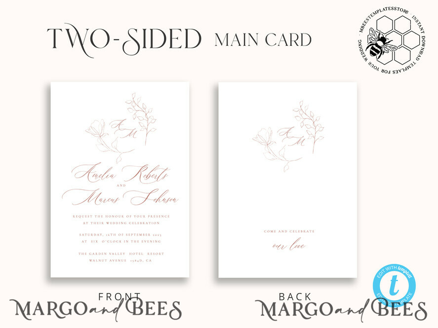 TEMPLETT wedding invitation download Elegant wedding Invitation Template, Simple Instant Download Printable Invites Home Printing, Boho Modern Wedding Invitation Card Set