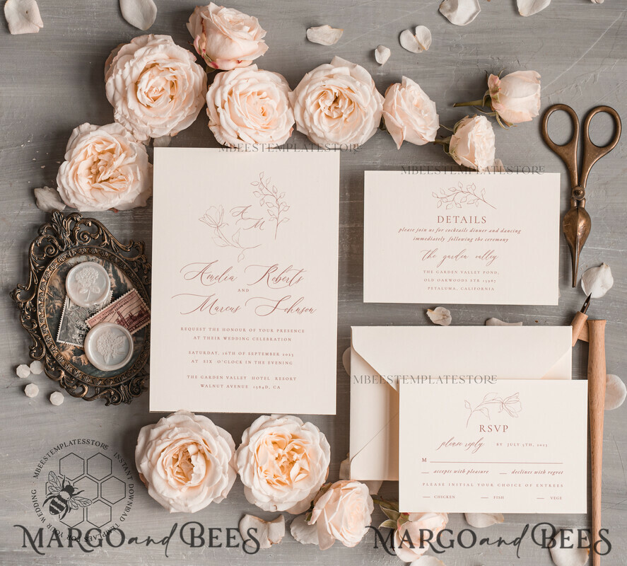 TEMPLETT wedding invitation download Elegant wedding Invitation Template, Simple Instant Download Printable Invites Home Printing, Boho Modern Wedding Invitation Card Set