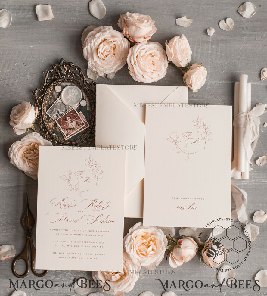 TEMPLETT wedding invitation download Elegant wedding Invitation Template, Simple Instant Download Printable Invites Home Printing, Boho Modern Wedding Invitation Card Set