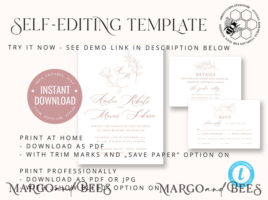 TEMPLETT wedding invitation download Elegant wedding Invitation Template, Simple Instant Download Printable Invites Home Printing, Boho Modern Wedding Invitation Card Set