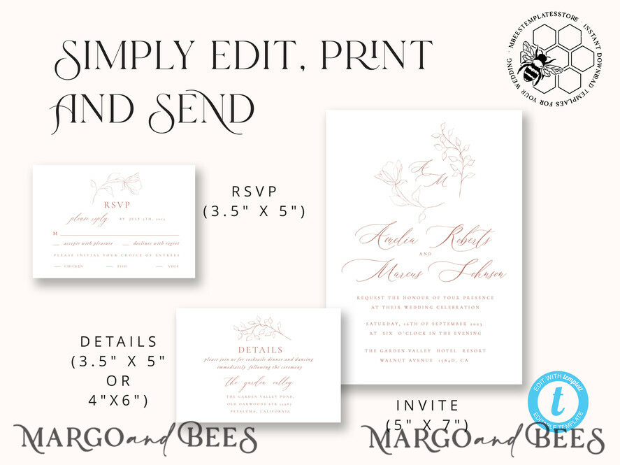 TEMPLETT wedding invitation download Elegant wedding Invitation Template, Simple Instant Download Printable Invites Home Printing, Boho Modern Wedding Invitation Card Set