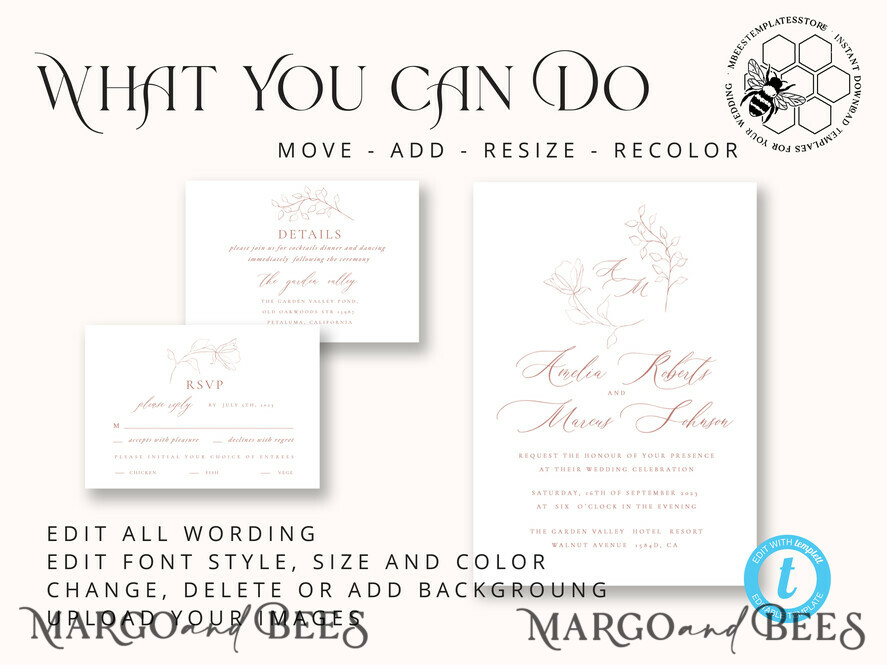 TEMPLETT wedding invitation download Elegant wedding Invitation Template, Simple Instant Download Printable Invites Home Printing, Boho Modern Wedding Invitation Card Set