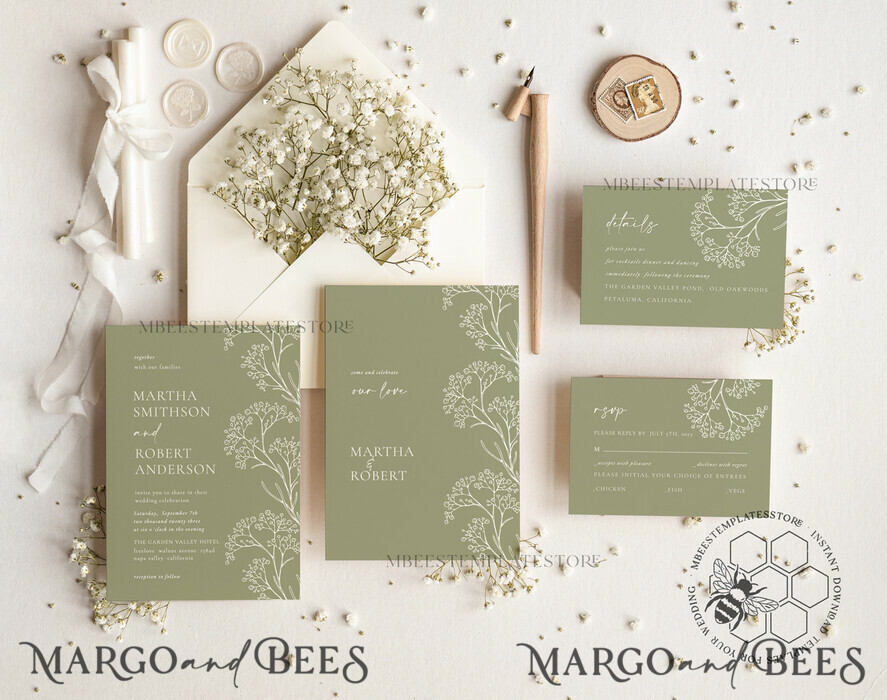 TEMPLETT wedding invitation download Sage Green wedding invitation template, Instant download Greenery Wedding Invites Rustic gypsophila Garden Wedding Invitations Set Printable