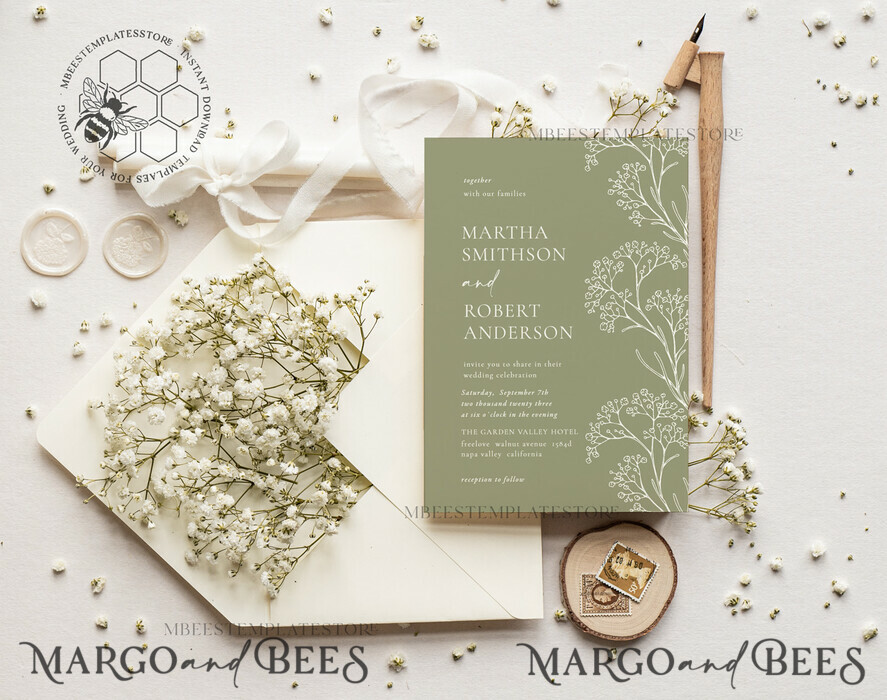 TEMPLETT wedding invitation download Sage Green wedding invitation template, Instant download Greenery Wedding Invites Rustic gypsophila Garden Wedding Invitations Set Printable