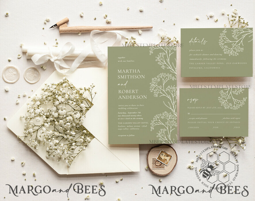 TEMPLETT wedding invitation download Sage Green wedding invitation template, Instant download Greenery Wedding Invites Rustic gypsophila Garden Wedding Invitations Set Printable