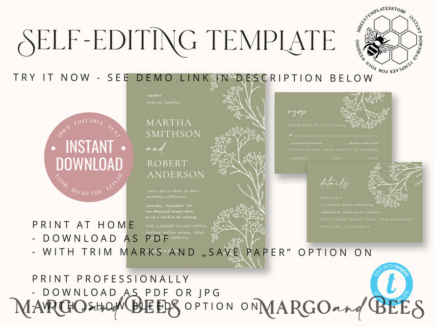 TEMPLETT wedding invitation download Sage Green wedding invitation template, Instant download Greenery Wedding Invites Rustic gypsophila Garden Wedding Invitations Set Printable