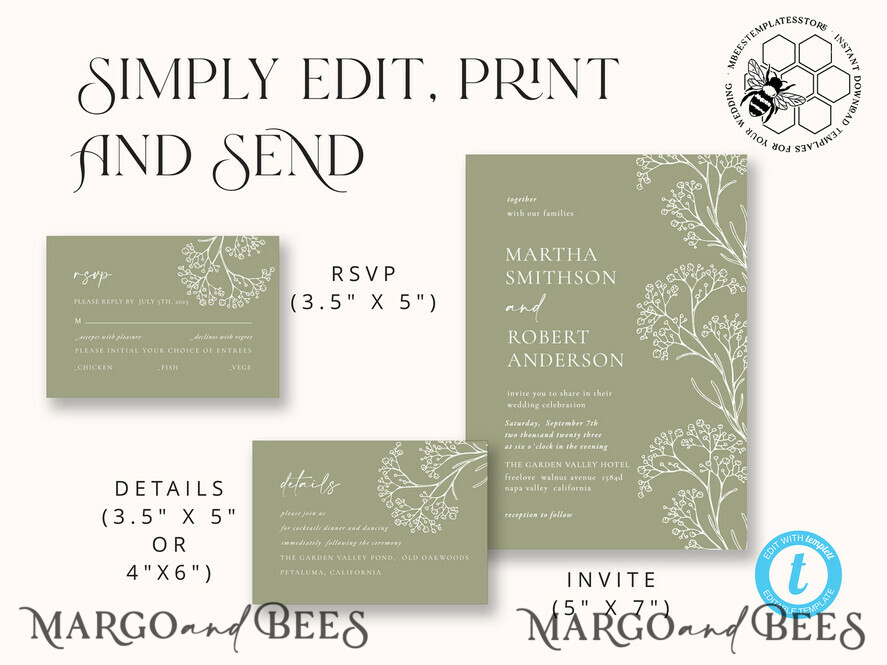 TEMPLETT wedding invitation download Sage Green wedding invitation template, Instant download Greenery Wedding Invites Rustic gypsophila Garden Wedding Invitations Set Printable