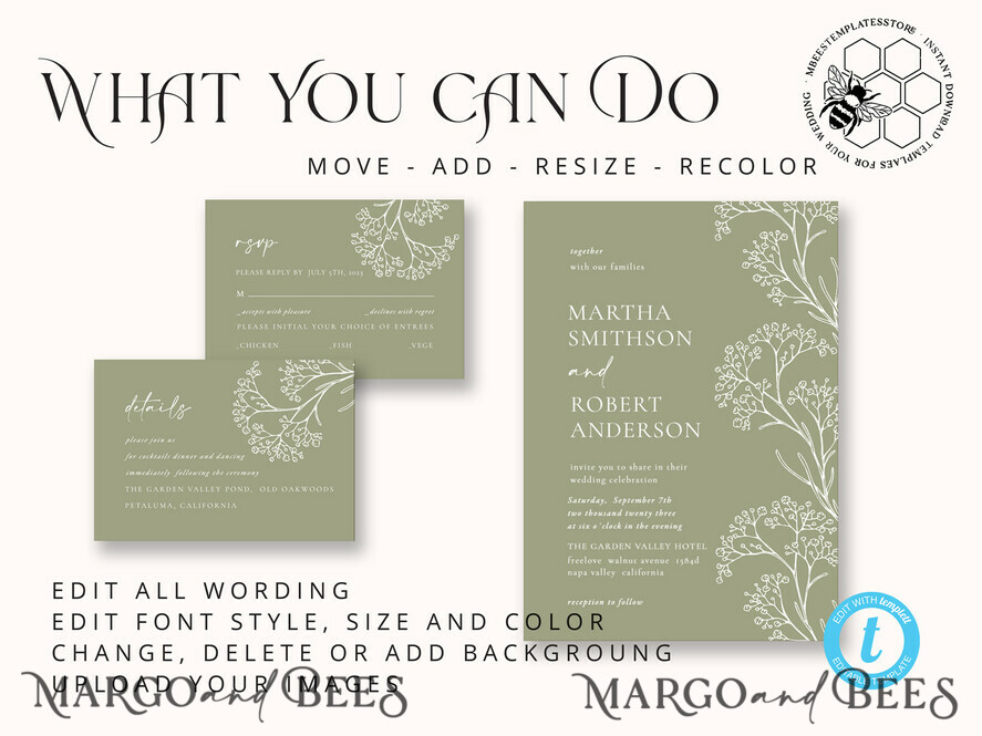 TEMPLETT wedding invitation download Sage Green wedding invitation template, Instant download Greenery Wedding Invites Rustic gypsophila Garden Wedding Invitations Set Printable