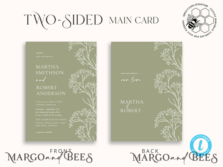 TEMPLETT wedding invitation download Sage Green wedding invitation template, Instant download Greenery Wedding Invites Rustic gypsophila Garden Wedding Invitations Set Printable